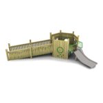 500 The Island with steel slide: Wooden accessible playground structure with a ramp, enclosed play area featuring circular cut-outs, and a steel slide on the right side.