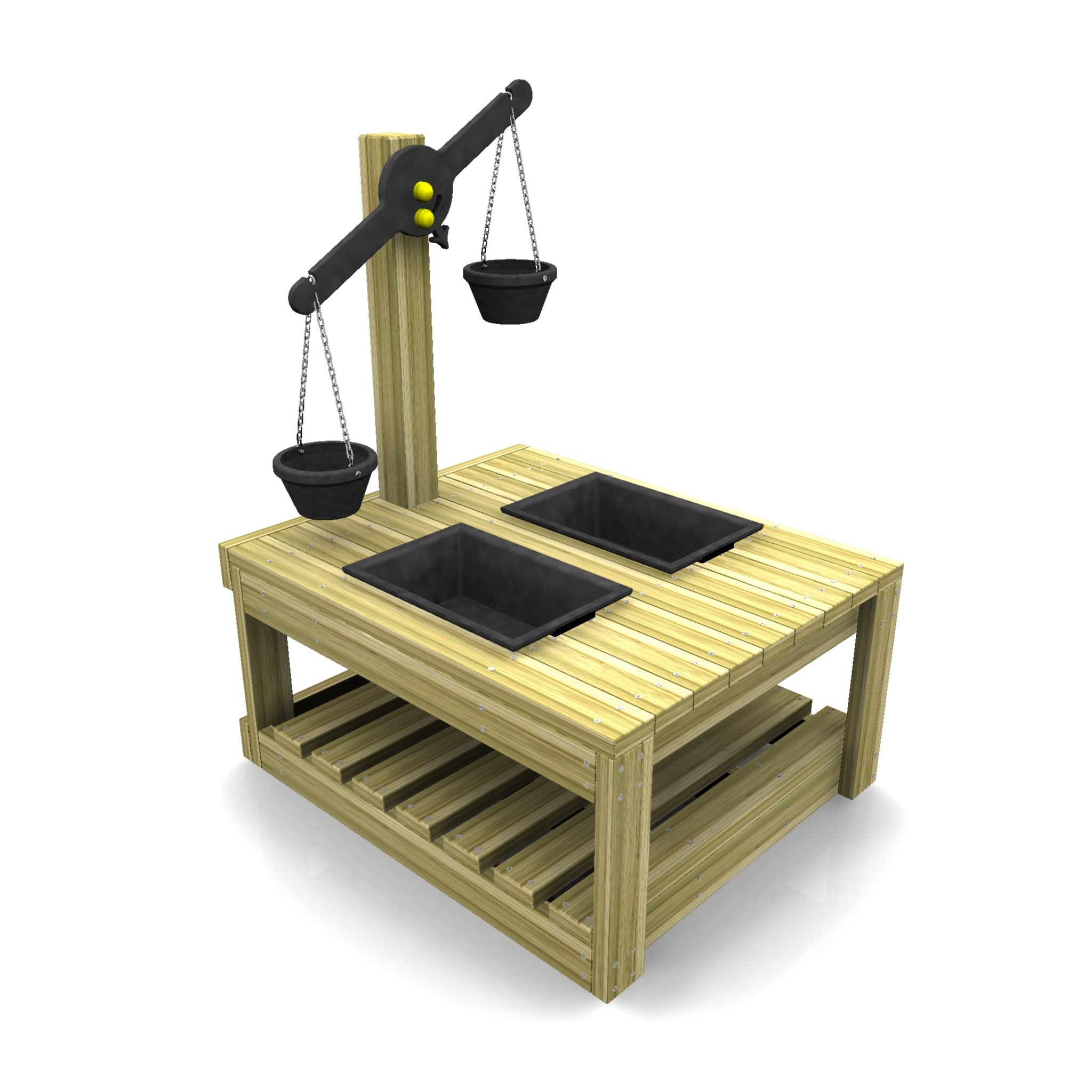 A wooden play table designed for water play activities features two black basins, a lower slatted shelf, and a balance scale with two hanging black buckets attached to a vertical post.