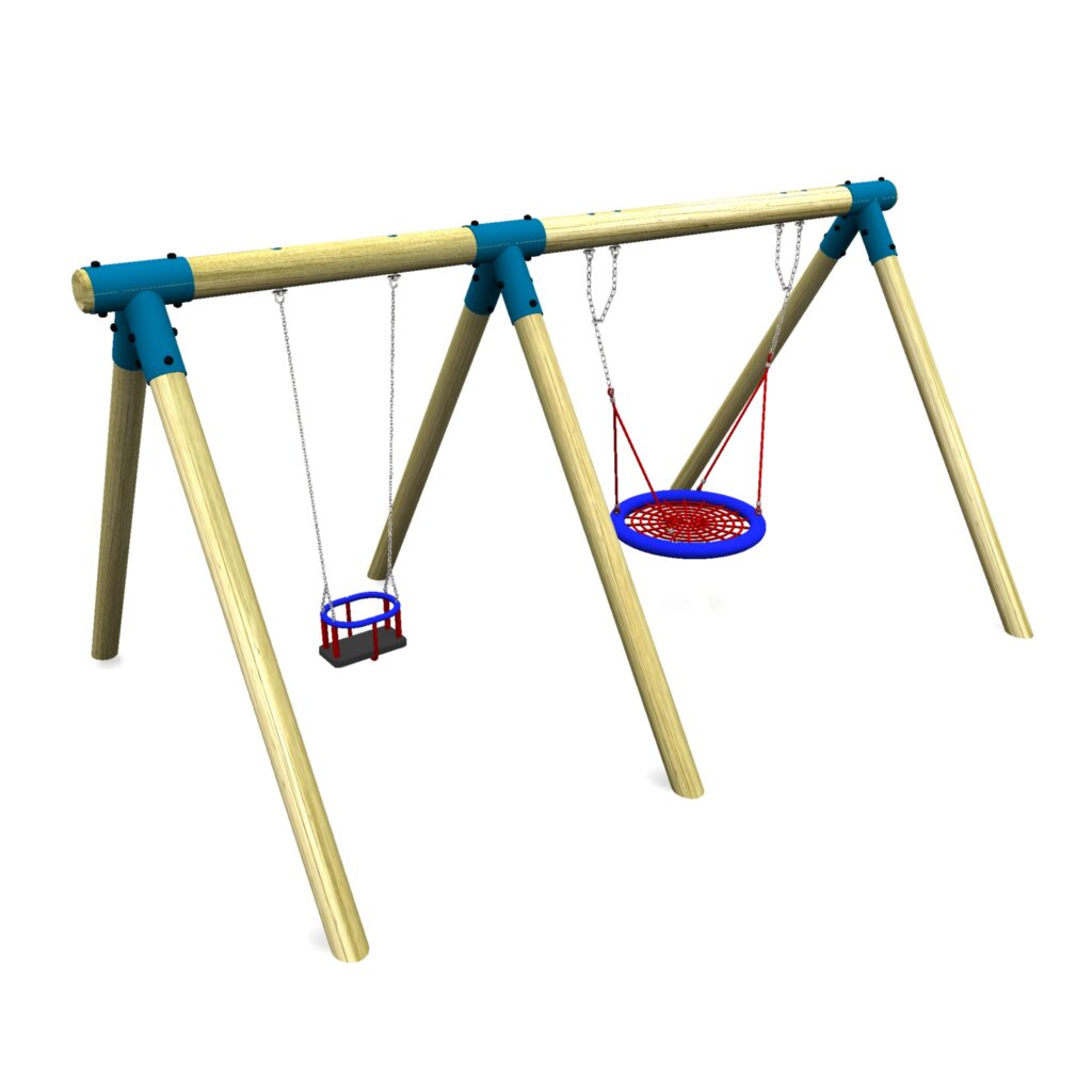 A wooden swing set with two swings: one is a blue and red circular net swing, the other is a blue toddler swing with a safety bar.
