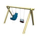 A wooden swing set with two seats: one blue bucket seat and one black seat with red and blue supports, both hanging by chains.