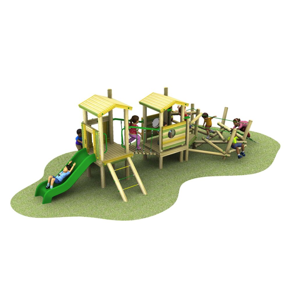 Children play on a wooden playground structure with ladders, slides, climbing elements, and a bridge, set on a grassy area.