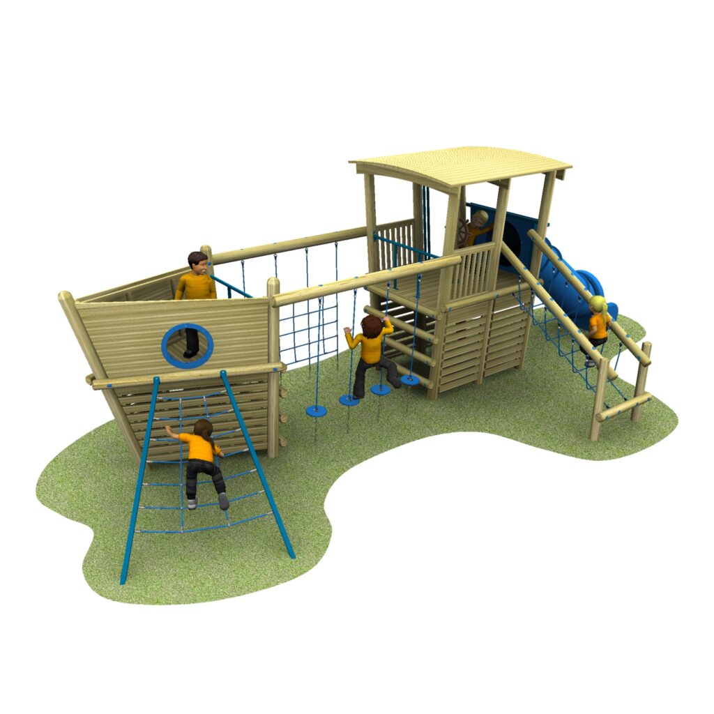 Tube slide galleon with children in yellow jumpers. Boat is on green grass surfacing