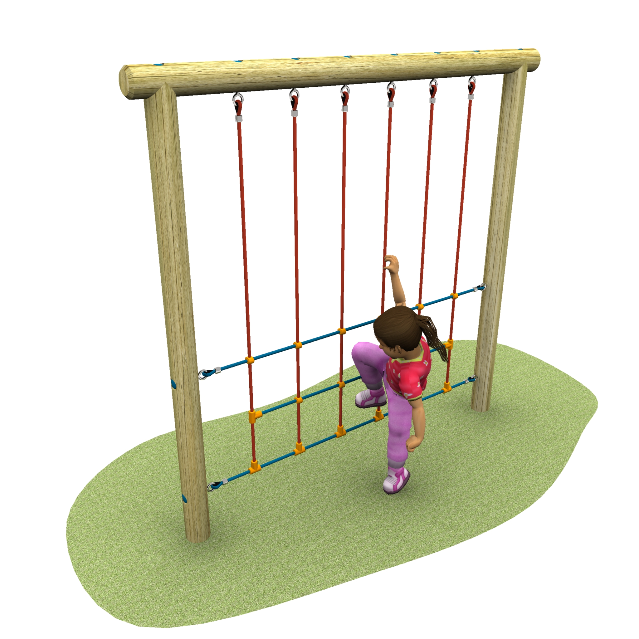 A child climbs a vertical rope ladder attached to a wooden frame, enjoying the challenge of a Half Rope Wall Climber on a patch of green ground.