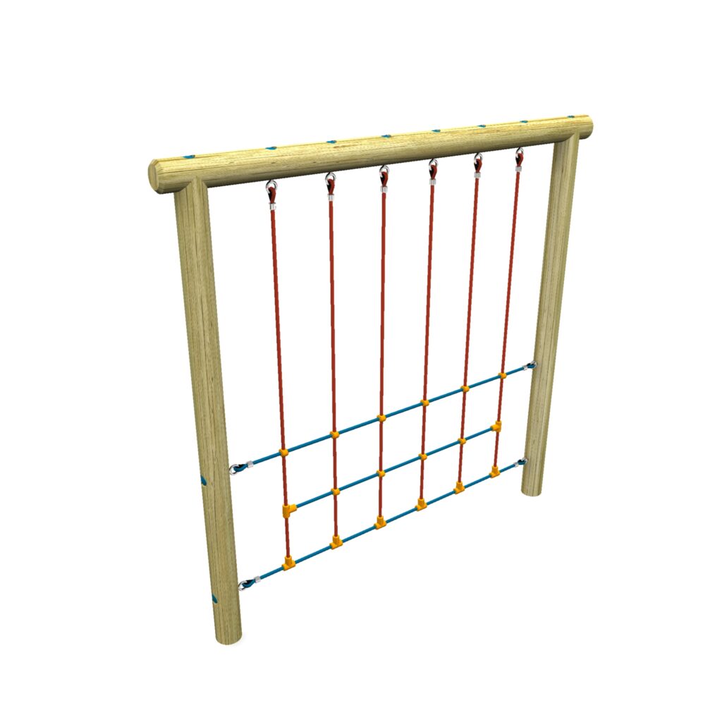 A wooden playground climbing frame with vertical red ropes and a grid of blue ropes at the bottom.