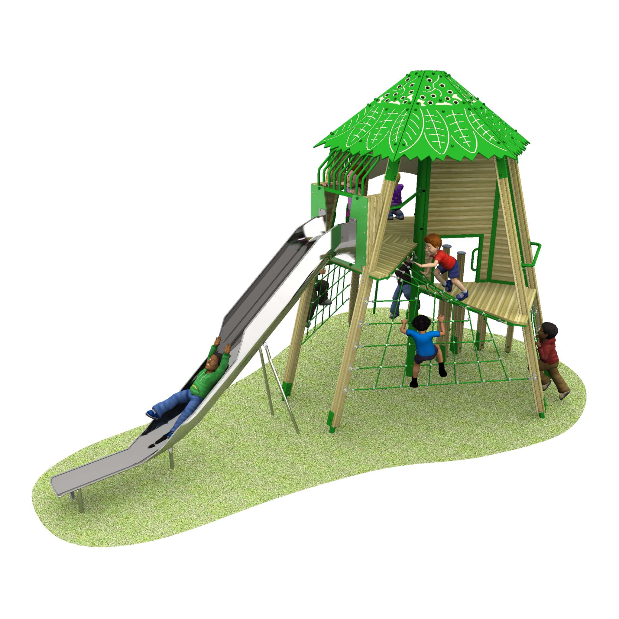 Children play on a green and beige playground structure that resembles a Tree House with Open Tube Slide, featuring a slide, climbing net, and shaded roof, set on a grassy area.