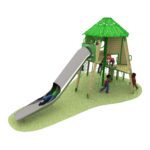 Children play on a playground structure with a green leaf-themed roof, a slide, climbing net, and platform—resembling a whimsical Tree House with Steel Tube Slide—set on a grassy area.