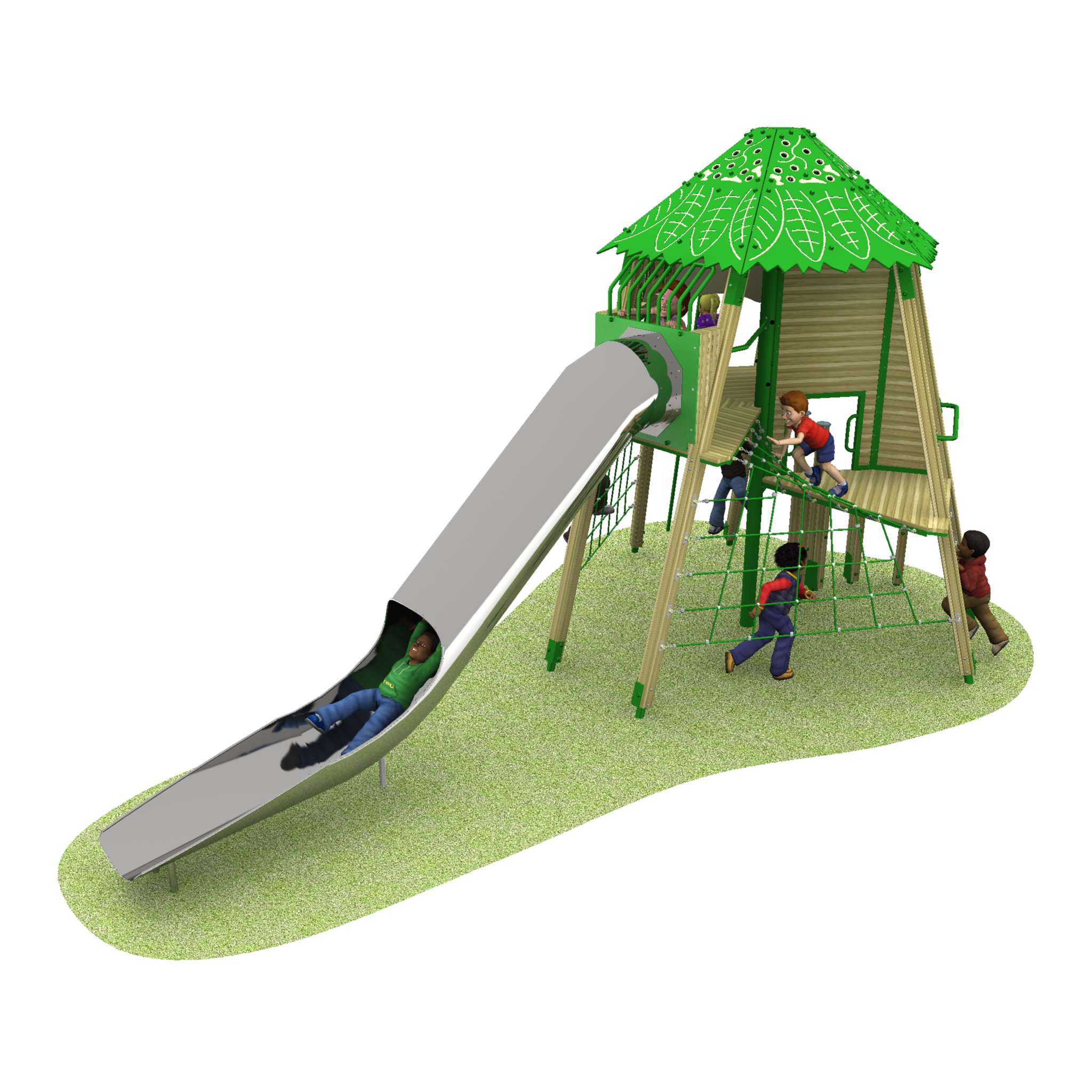 Children play on a playground structure with a green leaf-themed roof, a slide, climbing net, and platform—resembling a whimsical Tree House with Steel Tube Slide—set on a grassy area.