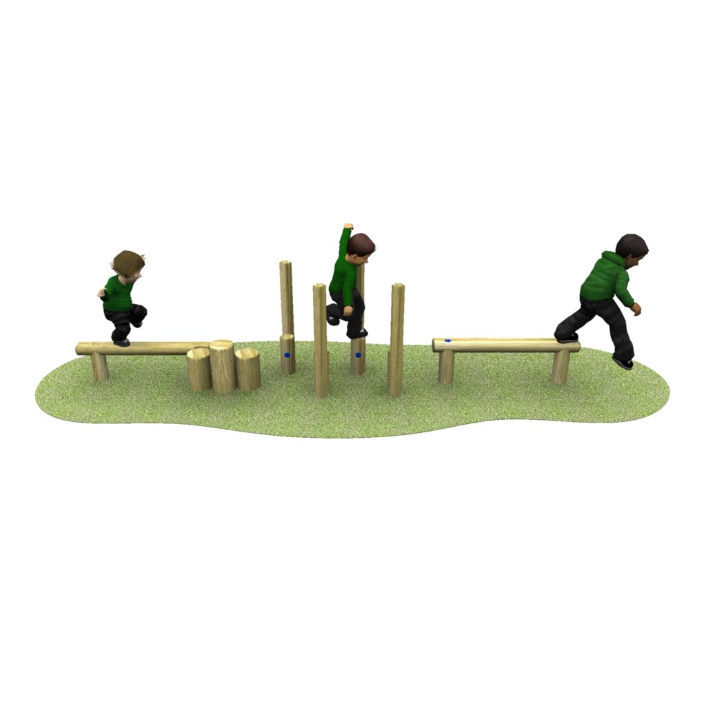 Three children are playing on the Mini Trail A, a wooden balance and climbing structure set on a patch of grass.