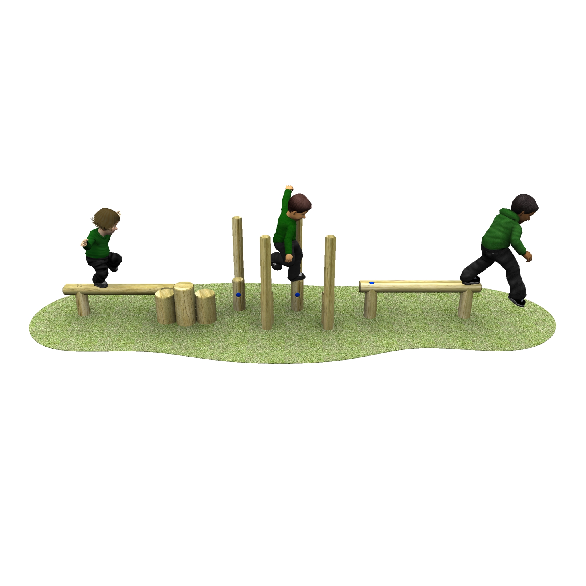 Three children are playing on the Mini Trail A, a wooden balance and climbing structure set on a patch of grass.