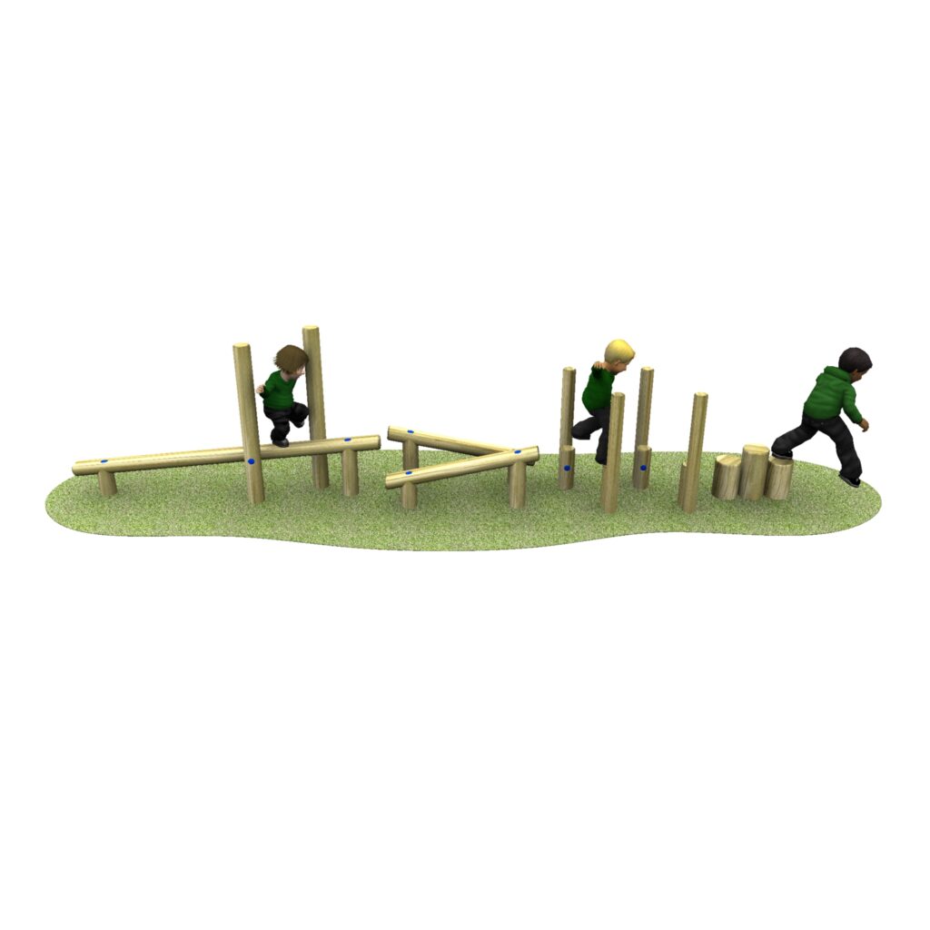 Three children play on a wooden Mini Trail B outdoor obstacle course with balancing beams, posts, and stepping logs set on a grassy surface.