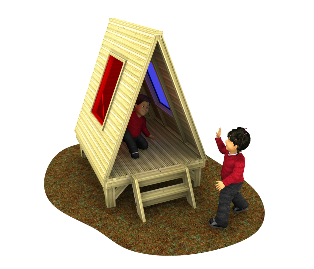 Two children play near the small wooden Rainbow Lodge A-frame playhouse, its red and blue windows brightening the patch of brown ground.