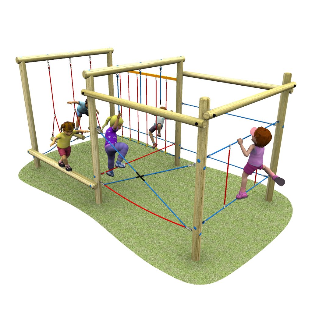Children play on a wooden climbing frame with ropes on a grassy surface, reminiscent of a Kepler Space Frame design.