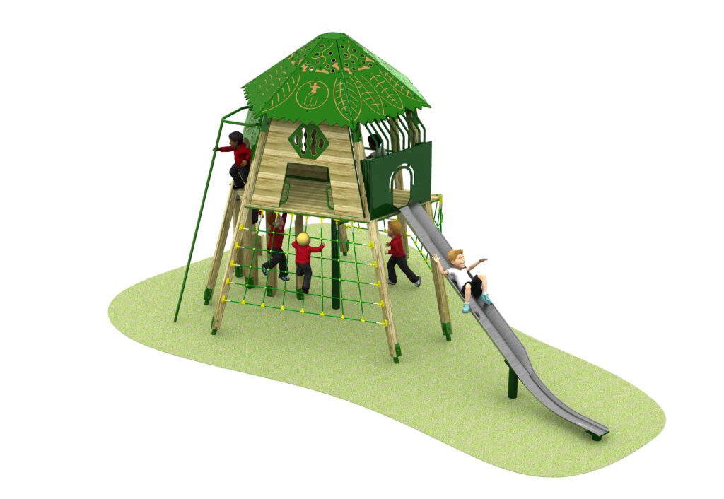 Children’s playground structure with a leaf-patterned green roof, metal slide, climbing net, and wooden platforms, all set on a white background.