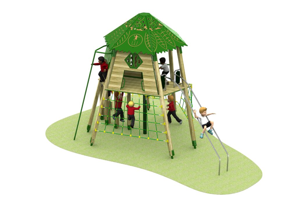 A green and wood-toned playground structure with a leafy roof, slide, ramp, rope net, and steps, shown on a white background.