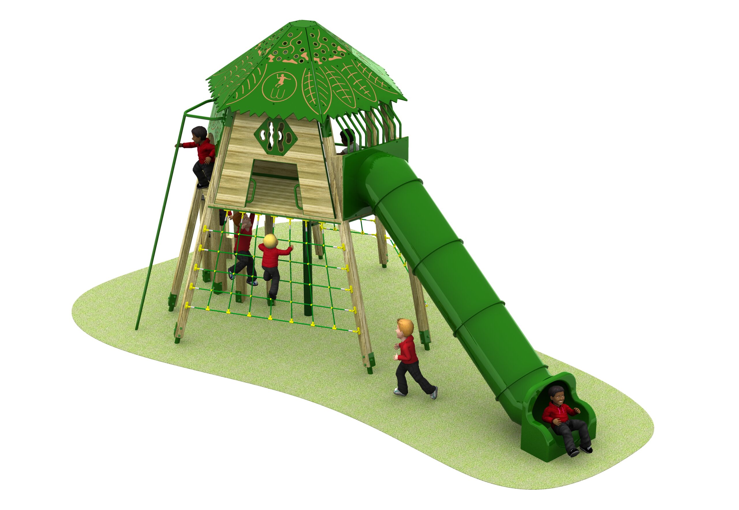 Children’s outdoor play structure with a green enclosed tube slide, climbing net, platforms, and a leaf-patterned roof, all set against a white background.