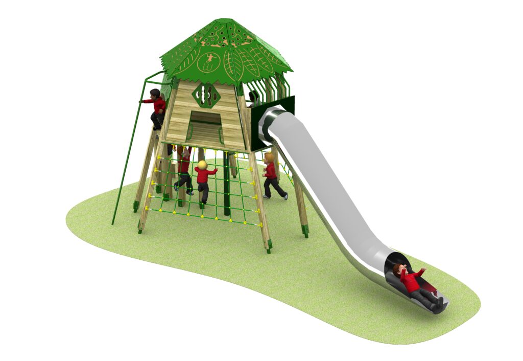 A children's playground structure with a green leaf-patterned roof, climbing nets, ladders, and a long silver slide on a white background.
