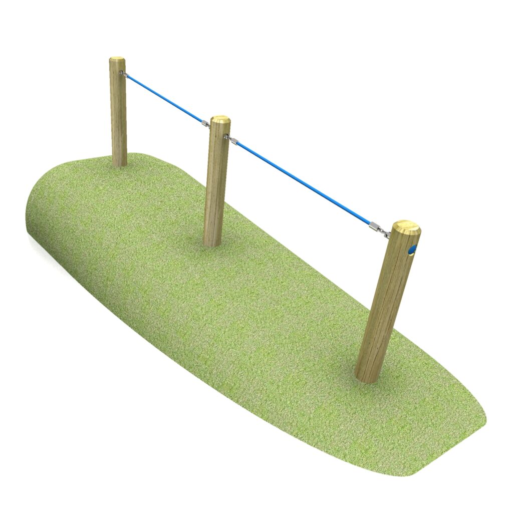 Three wooden posts set in artificial grass are connected by a blue horizontal rope.