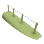 A grassy mound with three wooden posts and a blue rope connecting them, forming a simple balancing play structure.