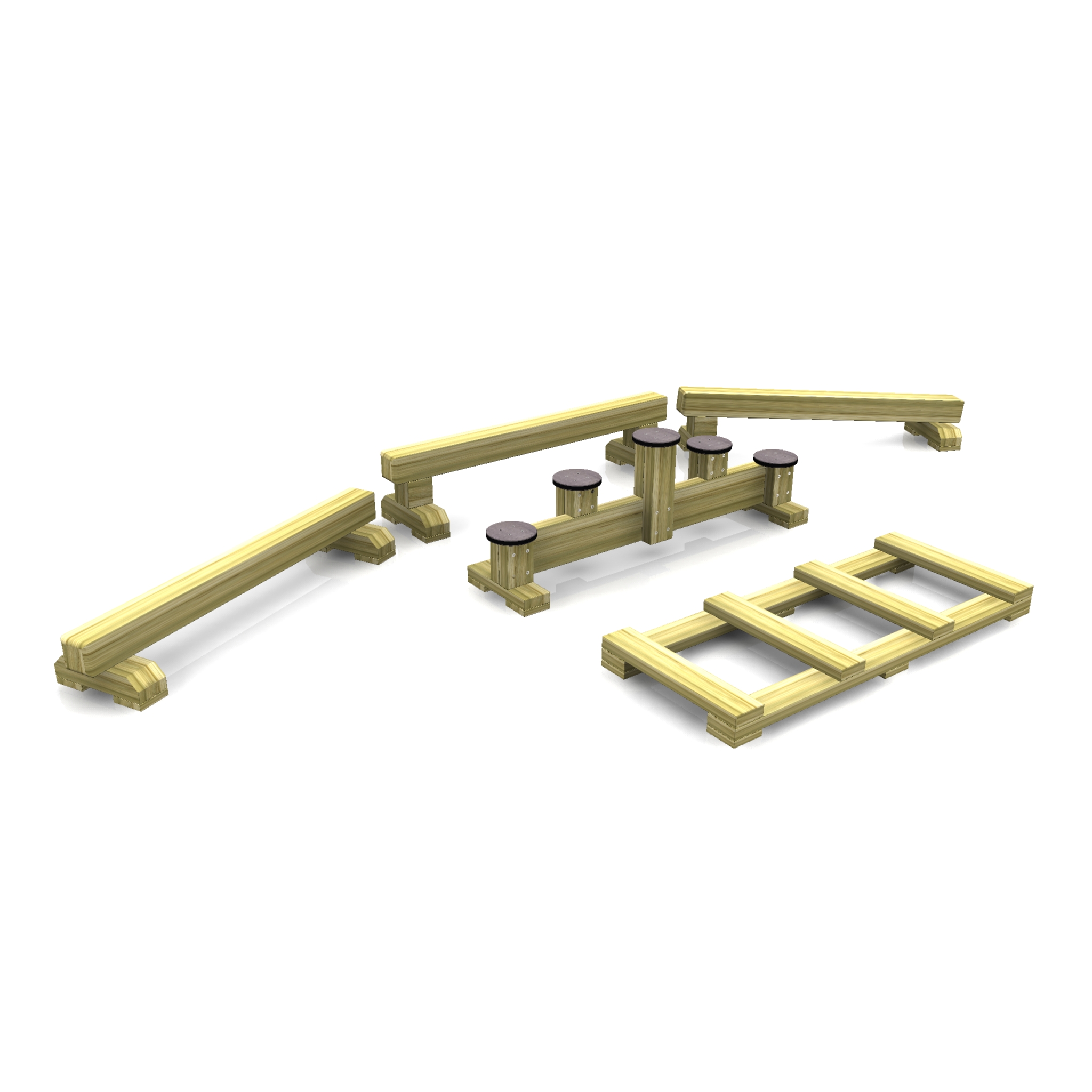 A set of wooden playground balance equipment including beams, stepping pods, and a ladder section, arranged on a white background.