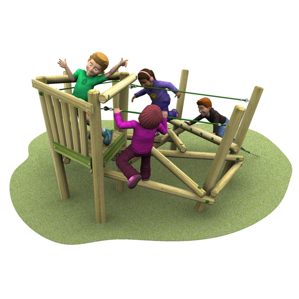 Four children climb and play on a wooden playground structure with ropes, set on a patch of green grass, while a colourful pick-up sticks 15 game awaits nearby.