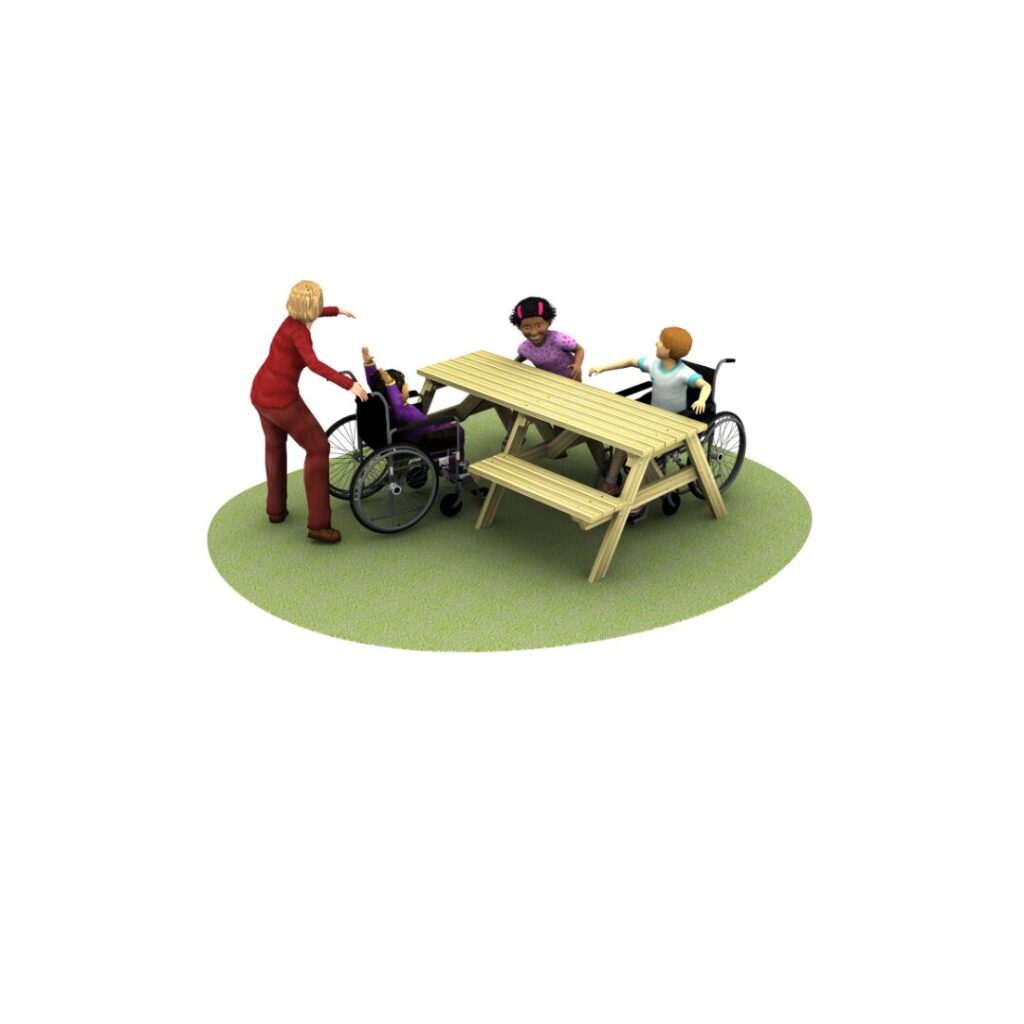 Wooden Picnic Table -with a Wheelchair Accessible section. 3 children and 1 adult using the bench