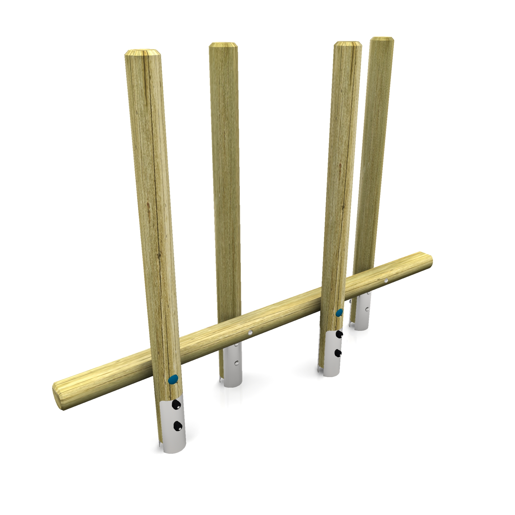 3D rendering of four vertical wooden posts attached to a horizontal wooden beam, with metal bases at the bottom of each post.
