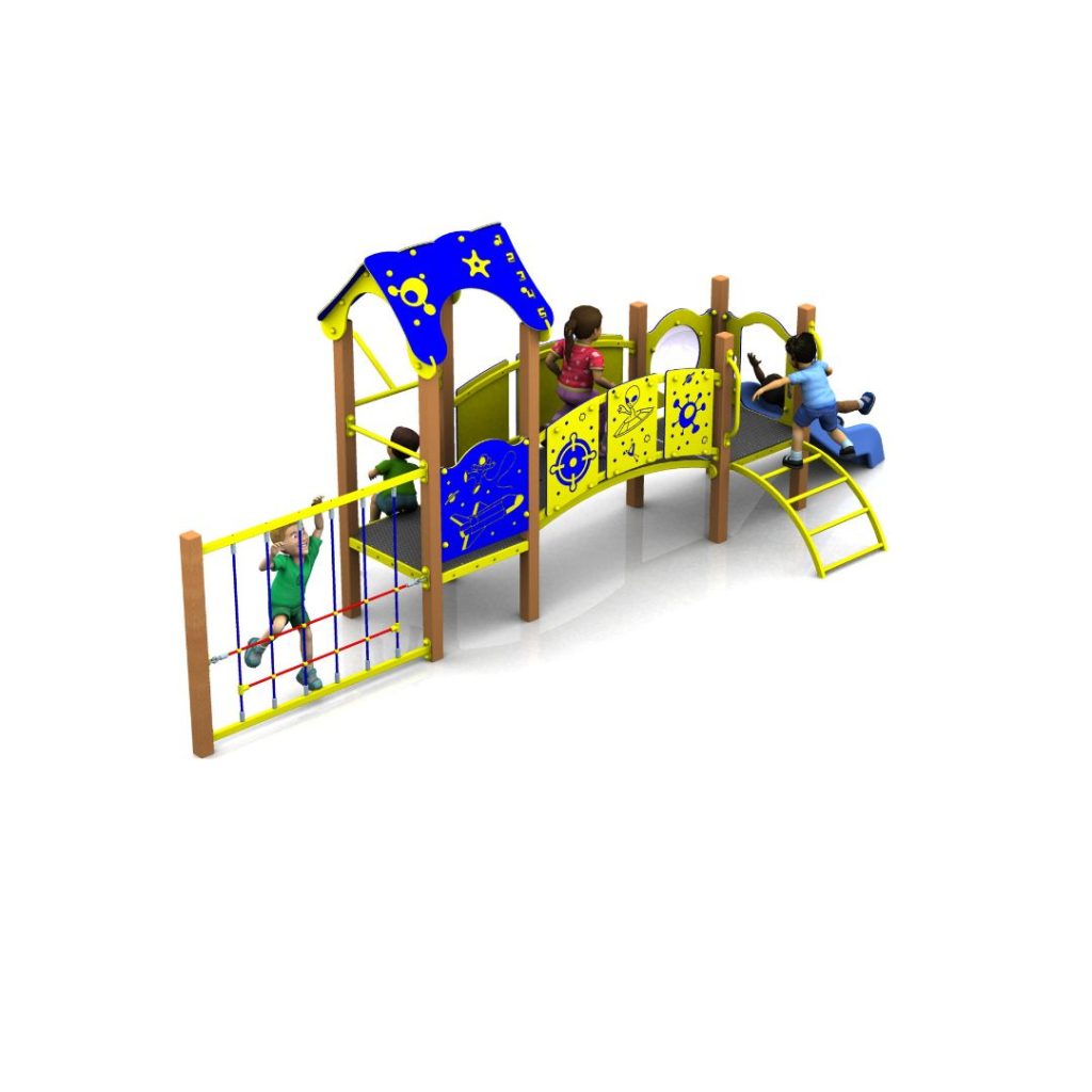 Children playing on a colourful playground structure with a climbing net, bridge, steps, and a decorative blue and yellow roof.