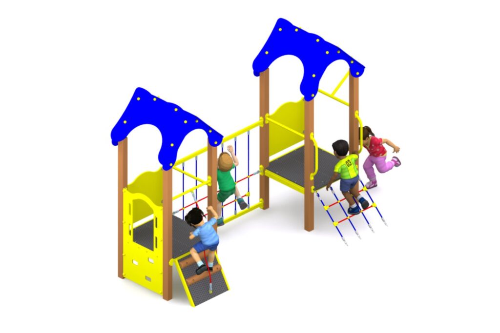 Four children climb and play on a playground structure with blue roofs, yellow supports, and rope ladders.