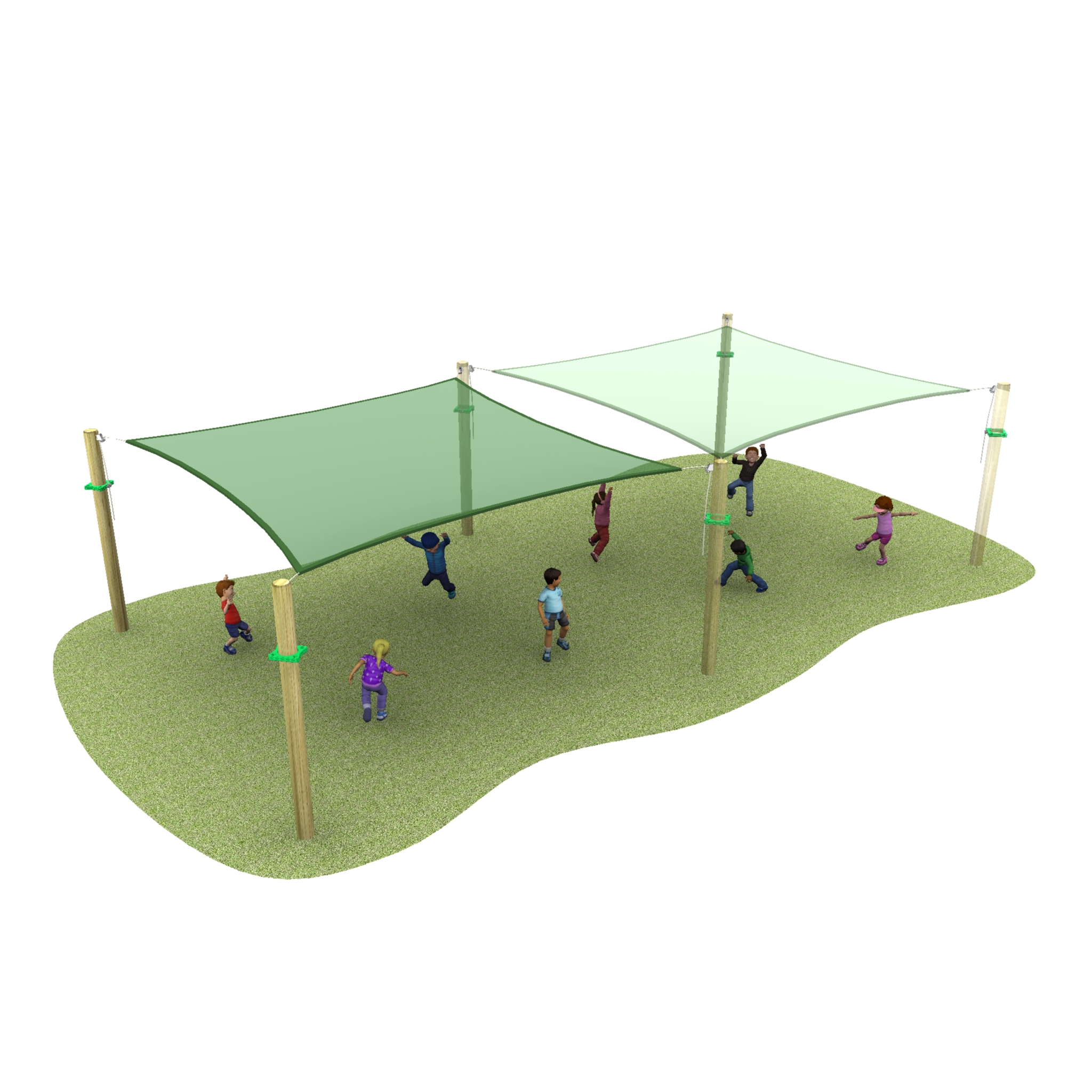 Children play under two green shade structures, each 5.4m x 5.4m adjoining, supported by wooden poles on a grass-covered area.