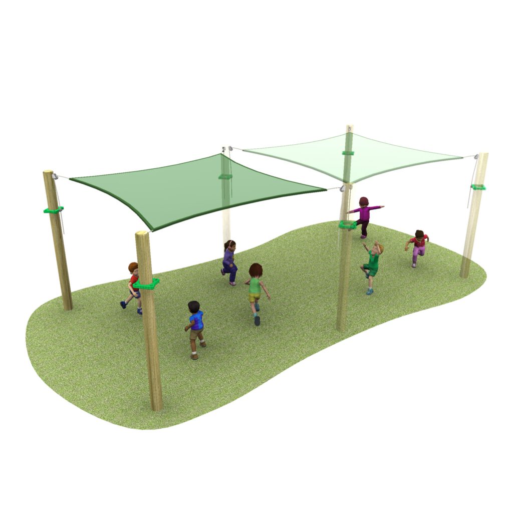 Children are playing under two green 3.6m x 3.6m Adjoining shade sails, supported by wooden posts on a small grassy area.