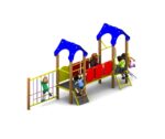 Six children are playing on the colourful Meteor Tower 600mm playground structure, complete with climbing nets, ladders, and two blue-roofed platforms.
