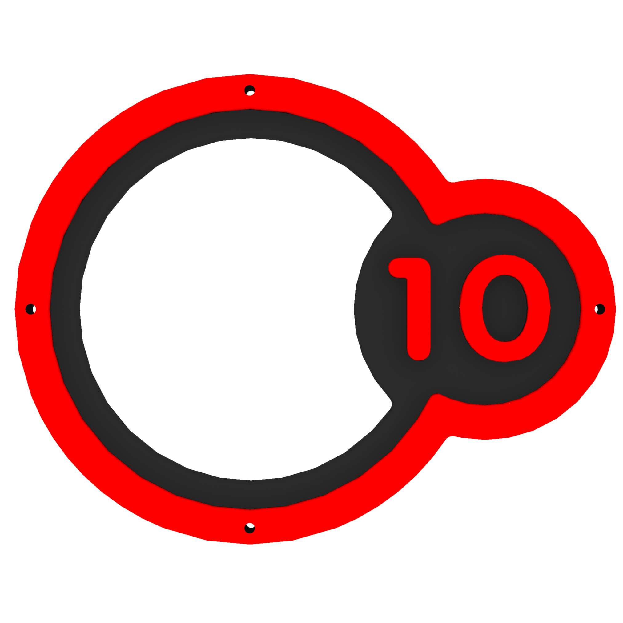 A black circular outline with a smaller attached circle on the right, both bordered in red. The smaller circle contains the number 10 in red, resembling Sports Panel - Wall Target Rings used for precision aiming activities.