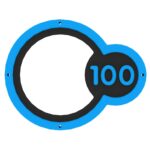 A black circular sign outlined in blue, designed as part of the Sports Panel - Wall Target Rings, features the number 100 in blue on a smaller attached circle to the right.