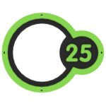 A black circular shape bordered in green, designed as part of Sports Panel - Wall Target Rings, with a smaller green-bordered circle inside containing the number 25 in yellow.