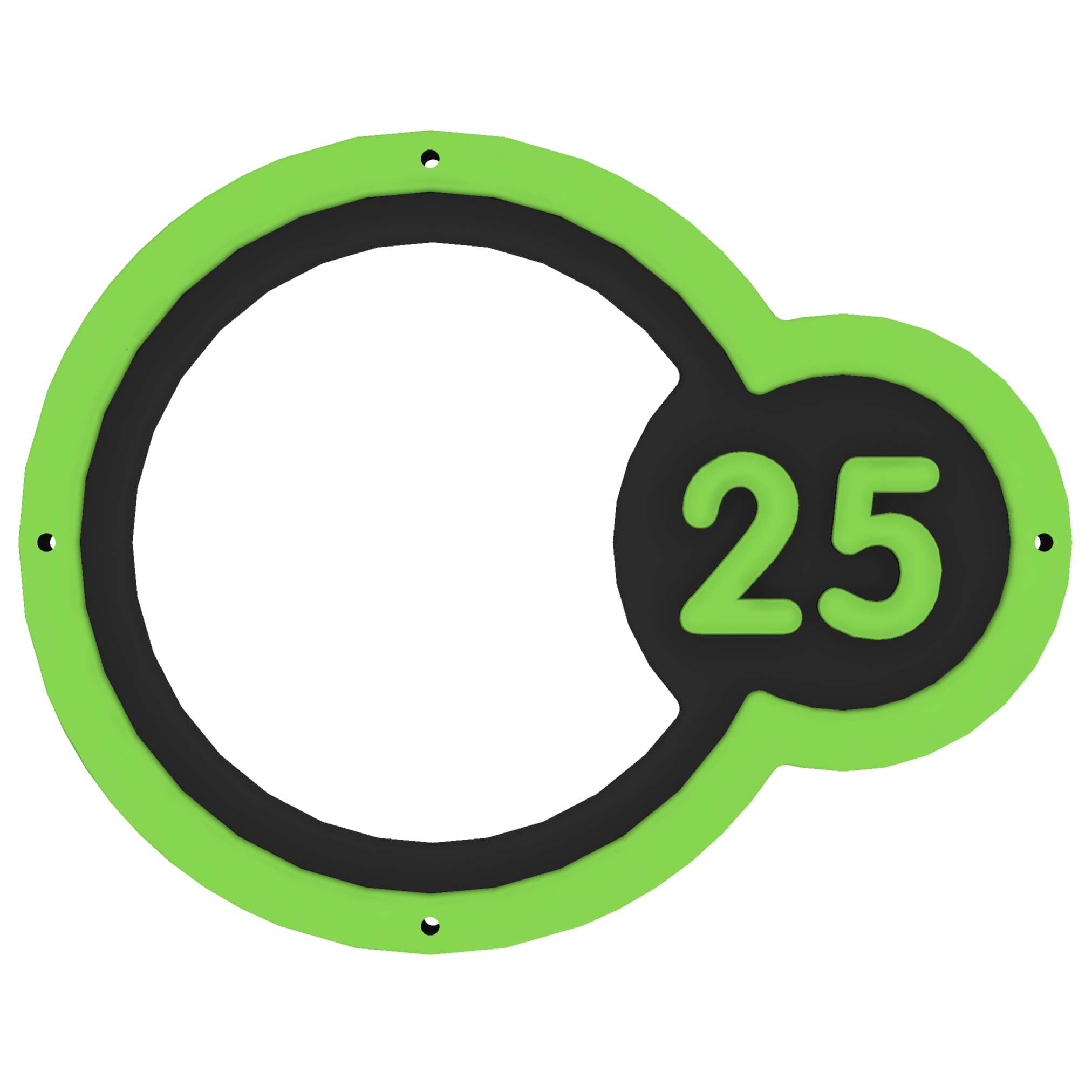 A black circular shape bordered in green, designed as part of Sports Panel - Wall Target Rings, with a smaller green-bordered circle inside containing the number 25 in yellow.