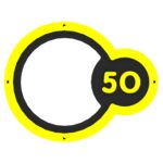 A black and yellow circular sign, designed as part of the Sports Panel - Wall Target Rings, features the number 50 on the right side.