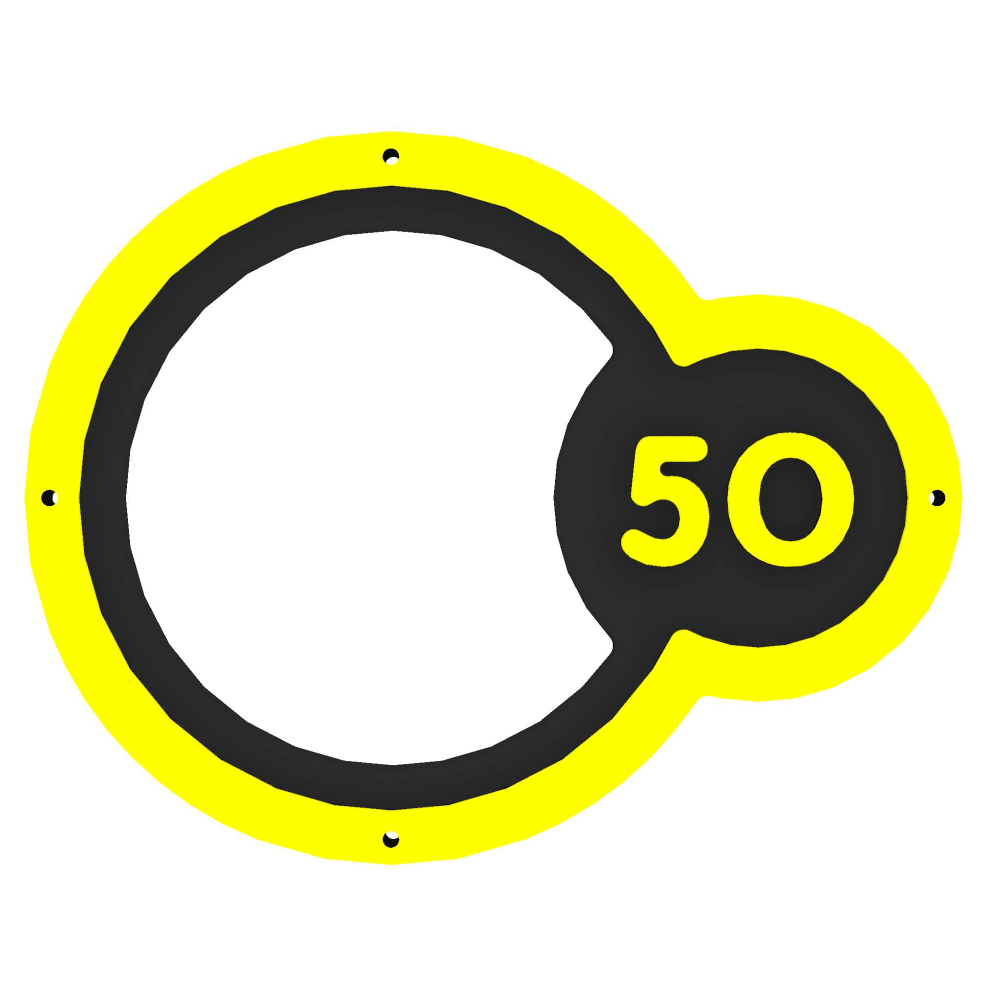 A black and yellow circular sign, designed as part of the Sports Panel - Wall Target Rings, features the number 50 on the right side.