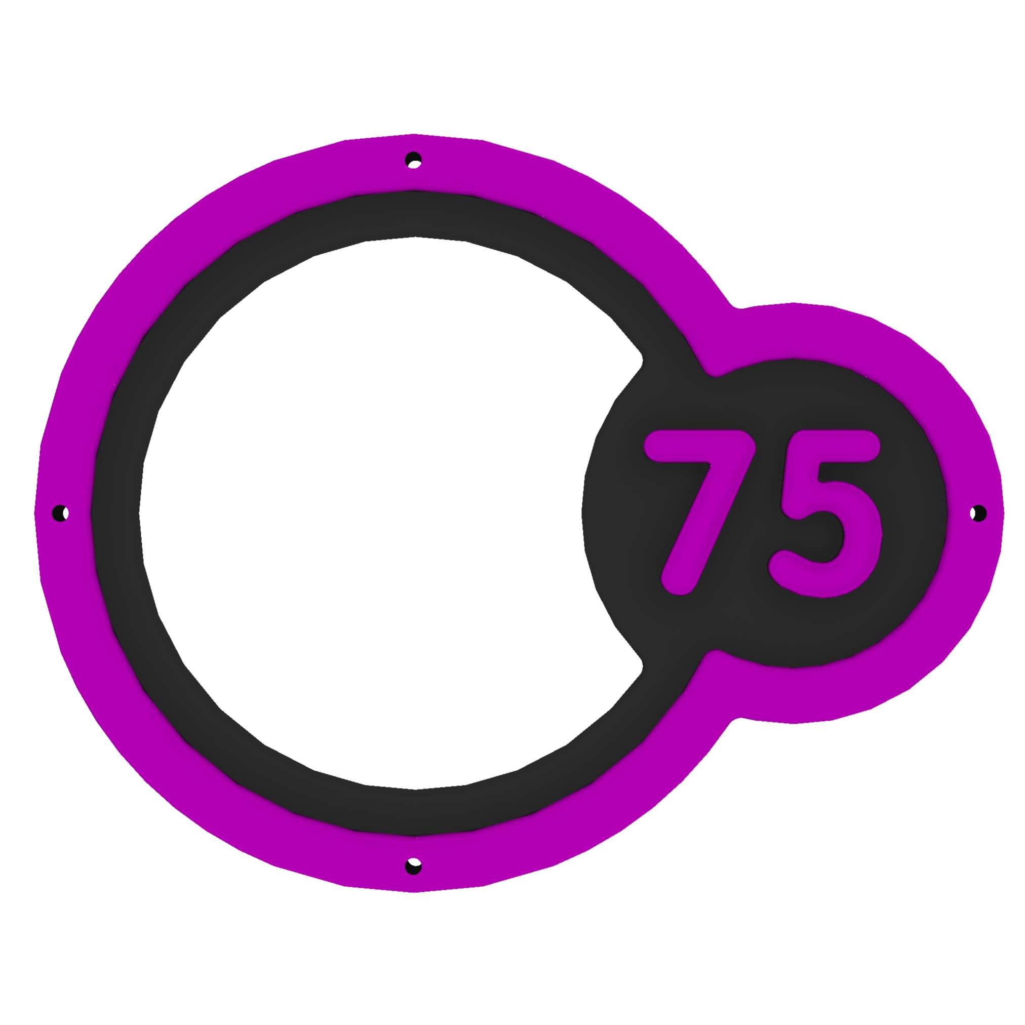 A black circular shape outlined in purple, part of the Sports Panel - Wall Target Rings, with a smaller attached circle containing the number 75 in purple.