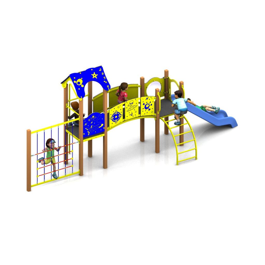 Children playing on a colourful playground structure with climbing nets, a bridge, and a blue slide against a white background.