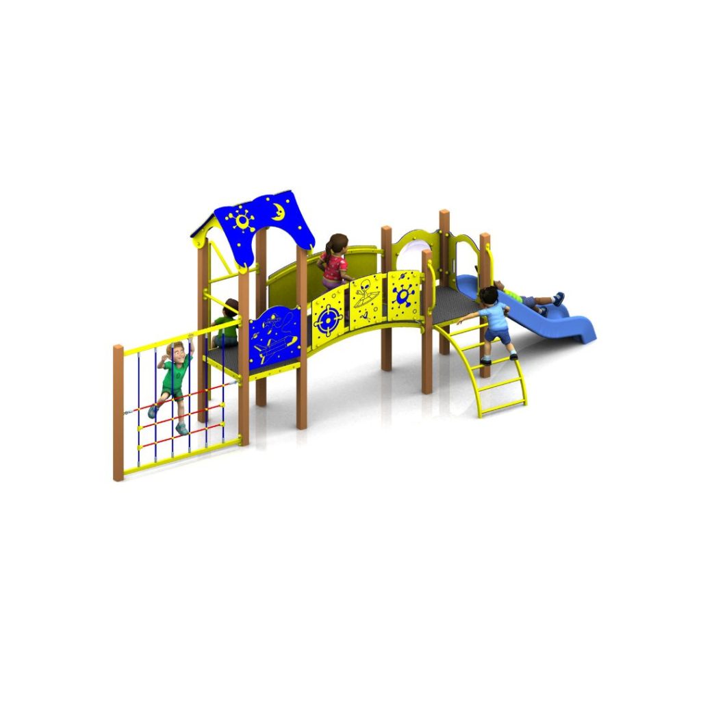 Three children play on a colourful playground set with a slide, climbing net, and bridge.