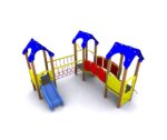 The Ventura 600mm with Poly Slide is a children’s playground structure featuring two blue-roofed towers, a slide, climbing net, and bridge in vibrant yellow, red, and blue colours on a white background.
