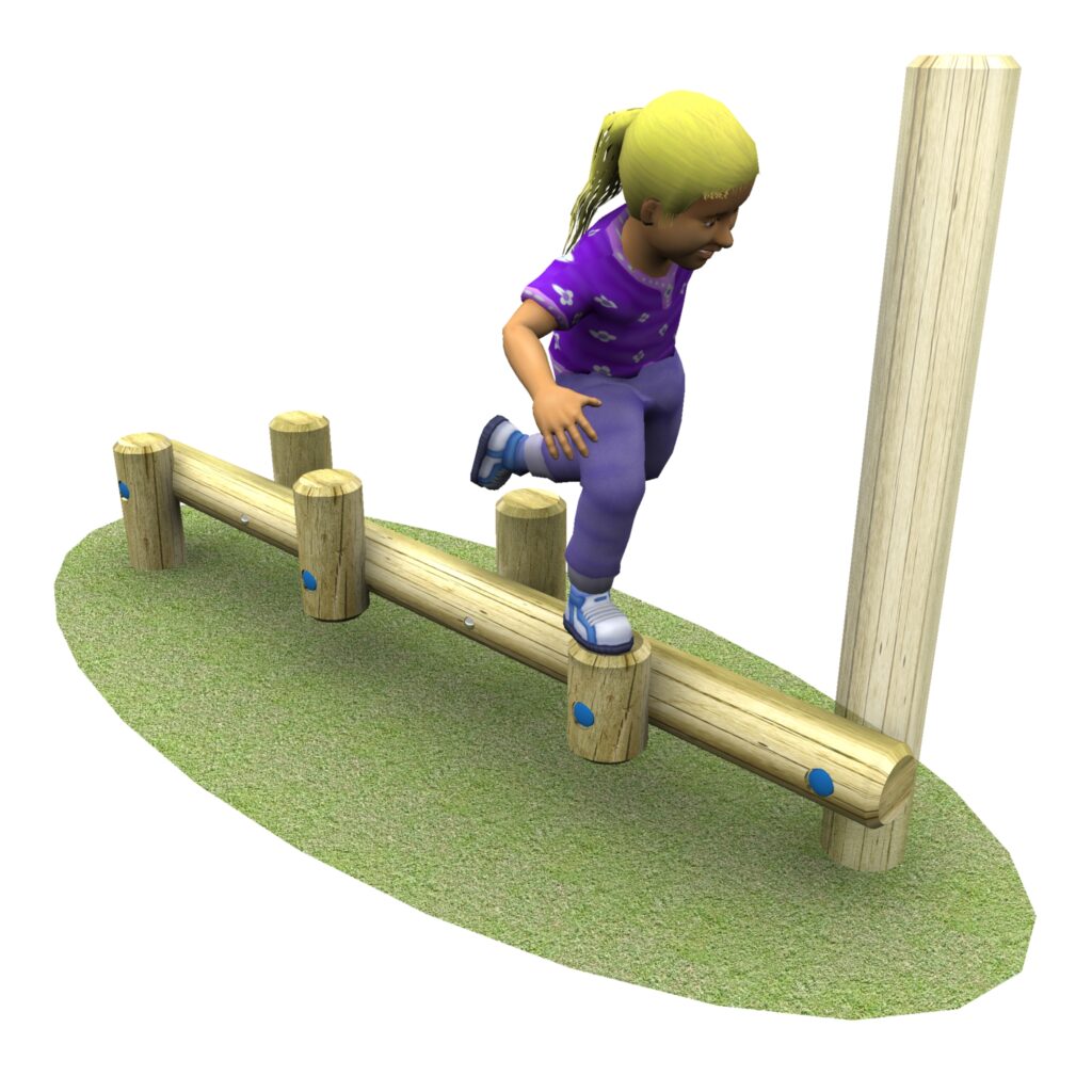 A child in purple clothing balances on wooden playground beams set on grass, with one foot raised mid-step.