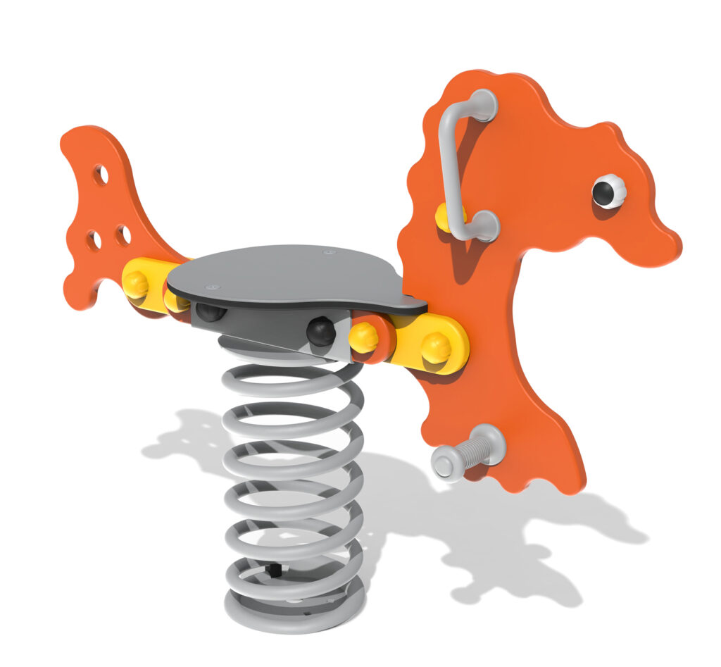 A playground spring rocker shaped like an orange seahorse with a grey seat, handle, and large coil spring base.