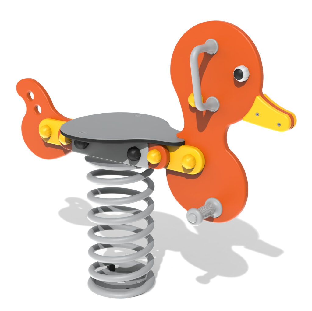 A spring-mounted playground ride shaped like an orange and yellow duck with a seat and handles for children.