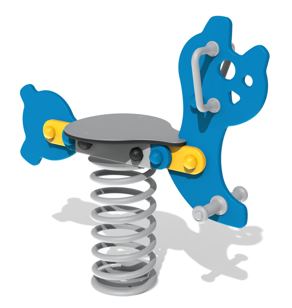 A blue and grey playground spring rocker shaped like an animal with yellow accents and metal handles.