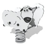 White playground spring rocker shaped like a sheep, with black outline details and a coiled metal base for rocking motion.