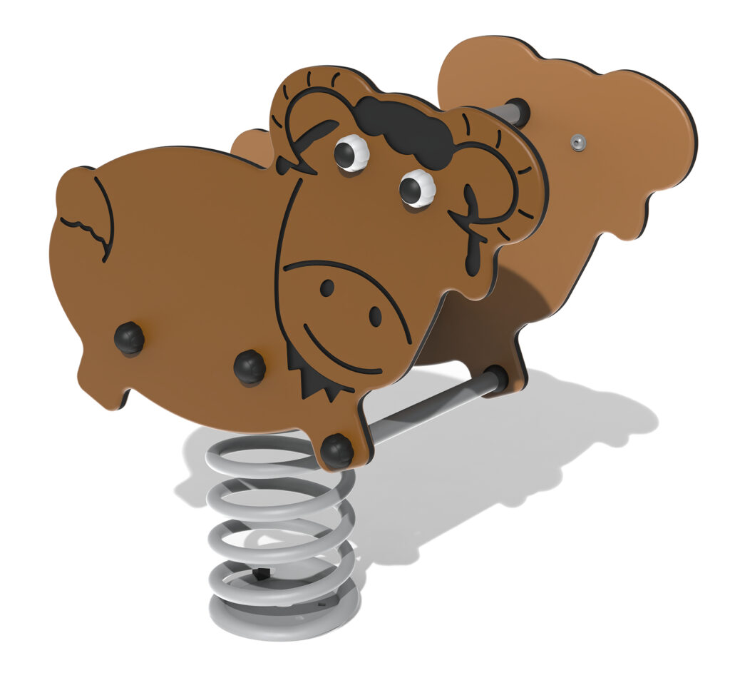 Brown ram-shaped playground spring rocker made of metal and plastic, featuring black horns, a smiling face, and mounted on a silver coiled spring base.