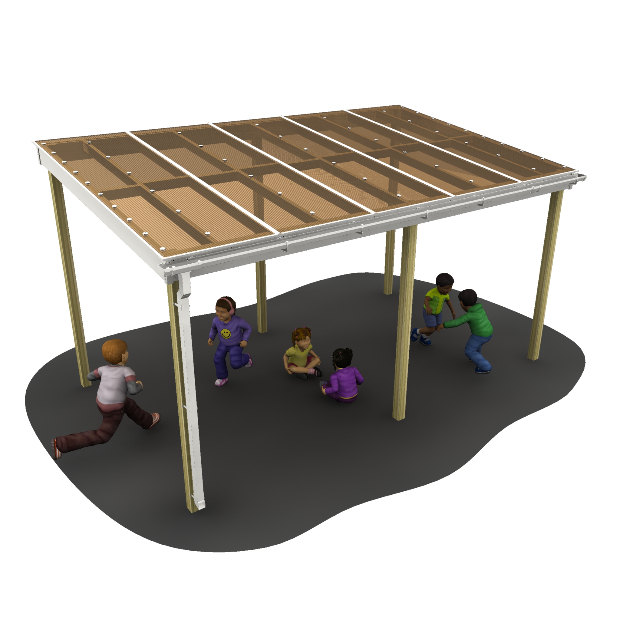 Children laughing and playing under a wooden school outdoor shelter, its sloped roof providing shade and a sense of adventure.