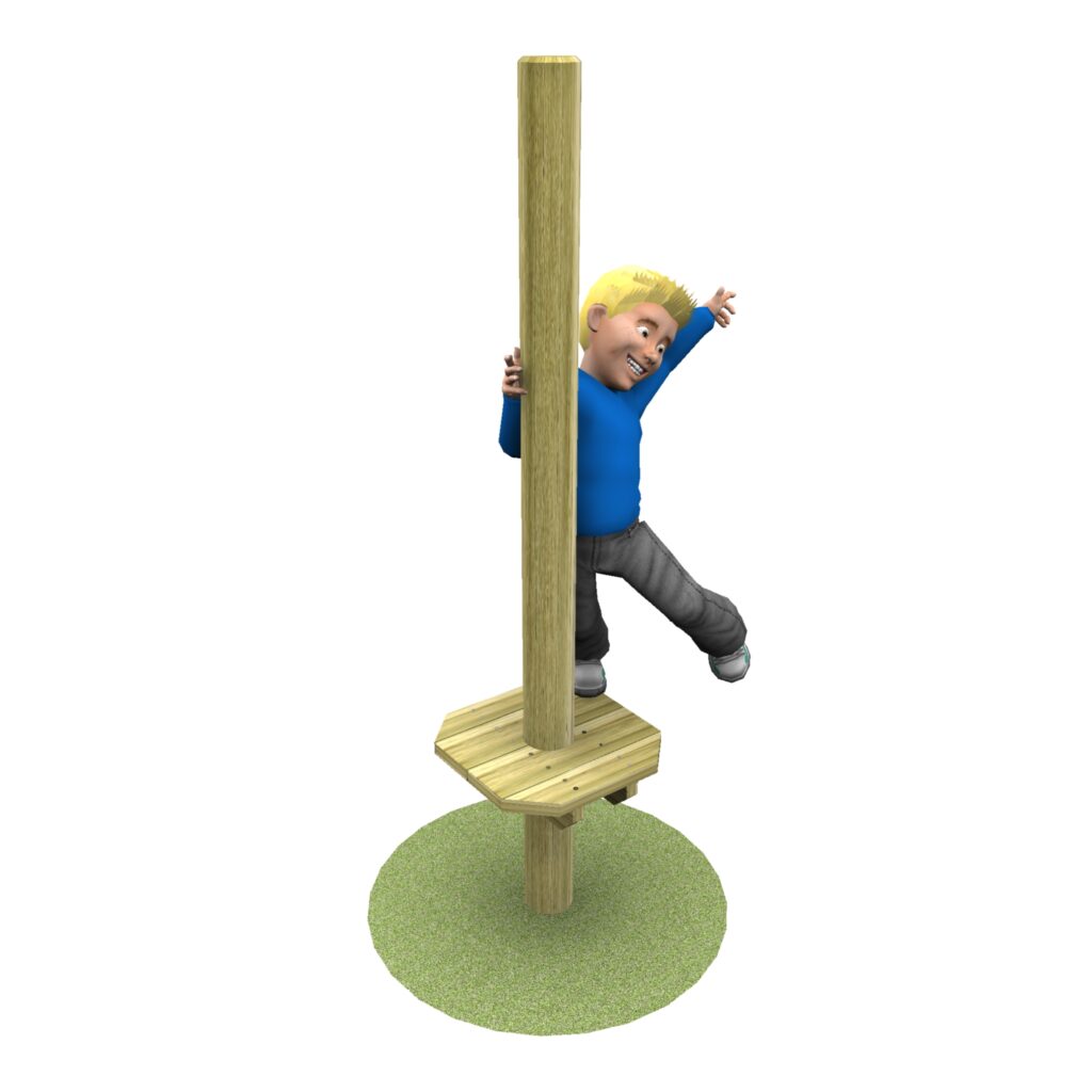 A child with blond hair and a blue shirt holds onto a vertical wooden pole with a small platform, standing on one foot and smiling, on a circular patch of green artificial grass.