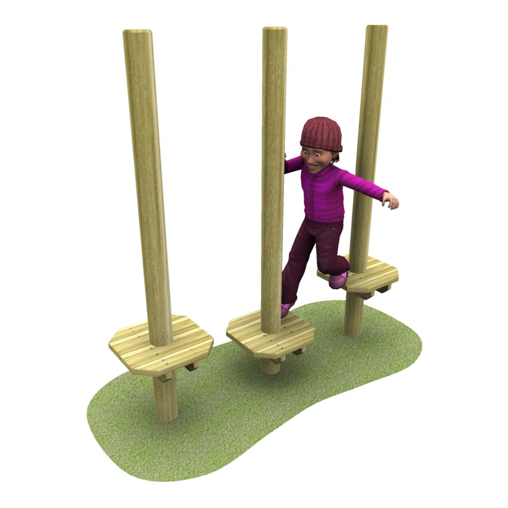 A child in a maroon outfit and hat balances on wooden platforms supported by vertical poles on a patch of grass.
